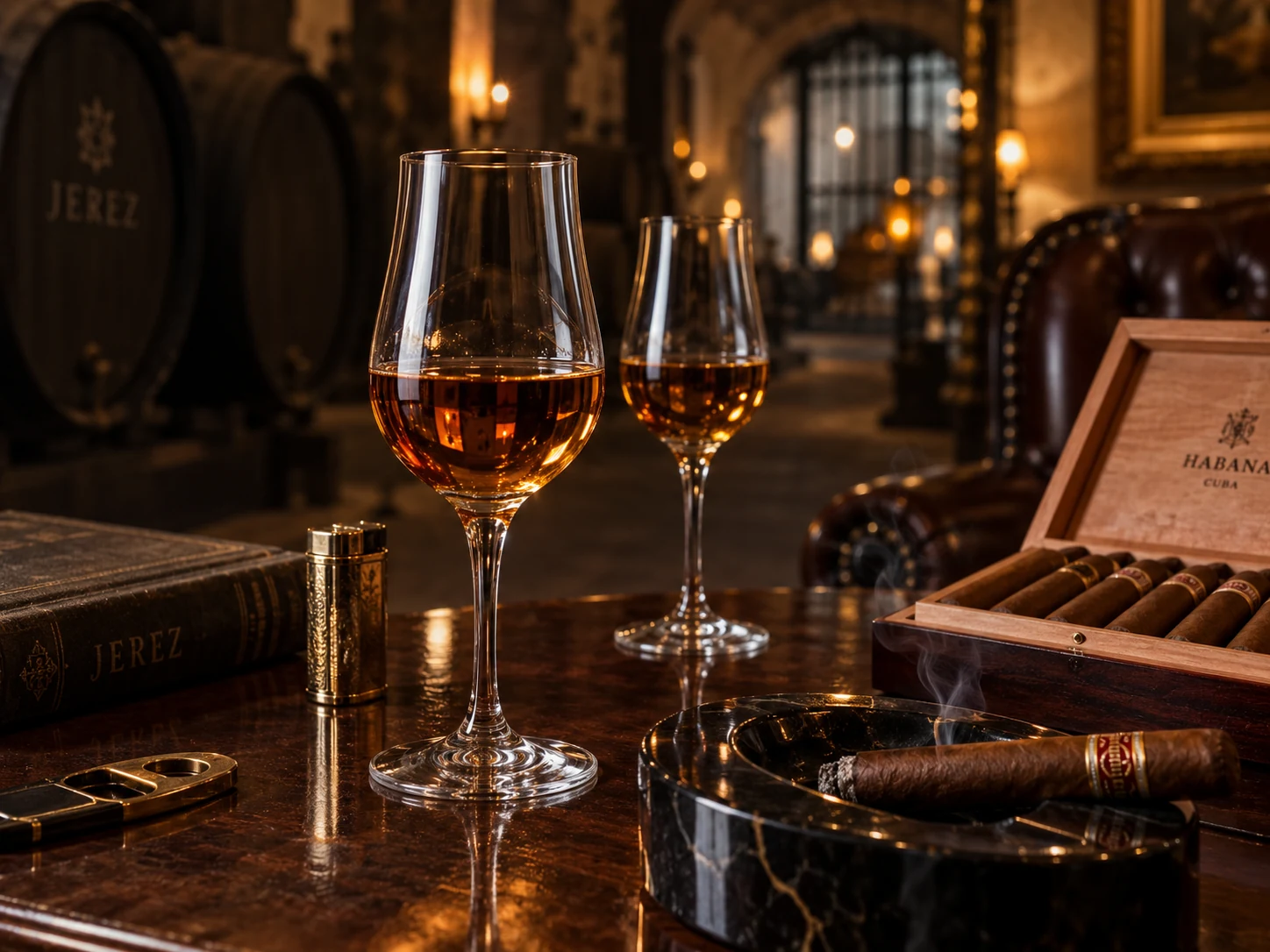 Jerez sherry and cigars in a vintage cellar